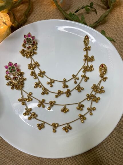 Shahi Premium Stone Gold Plated Kashmiri Ear Chain (Sahara) Drops