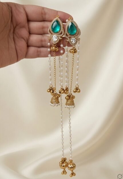 Shahi Handcrafted Designer Long Stone & Chain Ear Drops